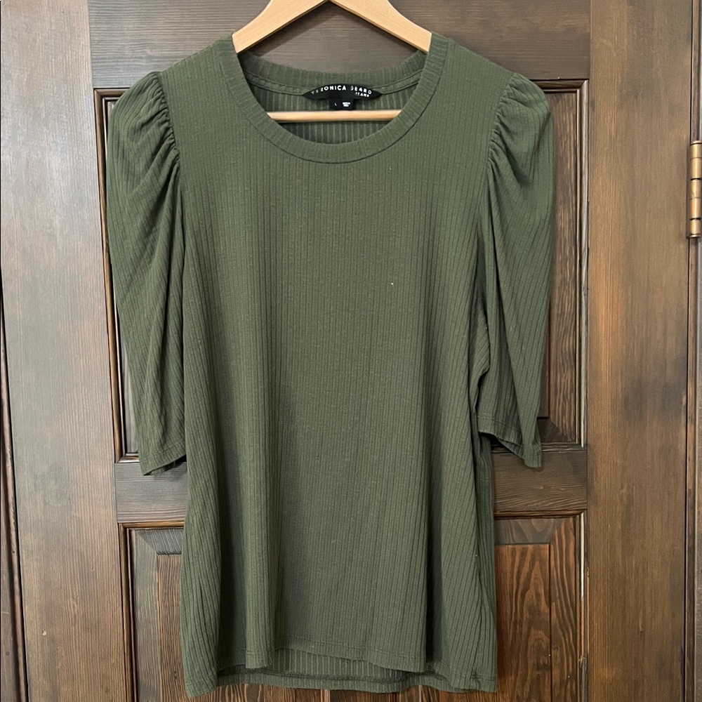 Veronica Beard Olive Green Ribbed Puff-Sleeve Tee